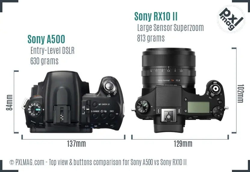 Sony A500 vs Sony RX10 II top view buttons comparison