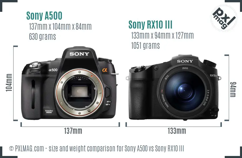 Sony A500 vs Sony RX10 III size comparison