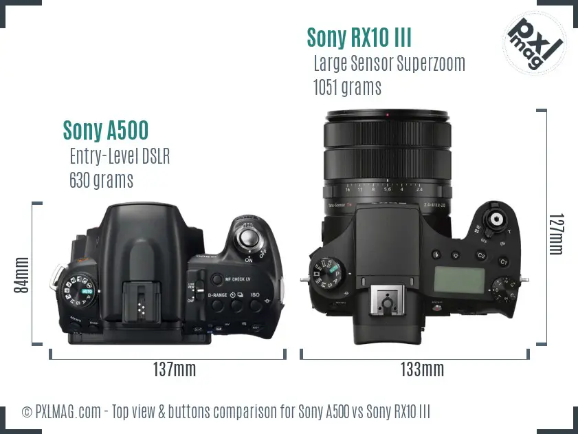 Sony A500 vs Sony RX10 III top view buttons comparison