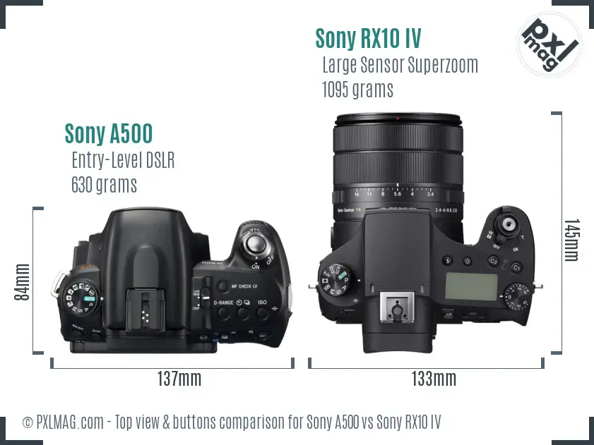 Sony A500 vs Sony RX10 IV top view buttons comparison