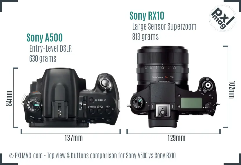 Sony A500 vs Sony RX10 top view buttons comparison