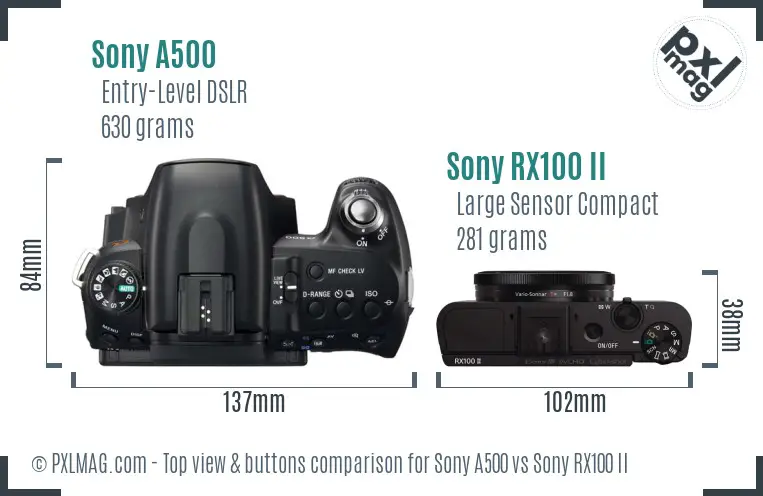 Sony A500 vs Sony RX100 II top view buttons comparison