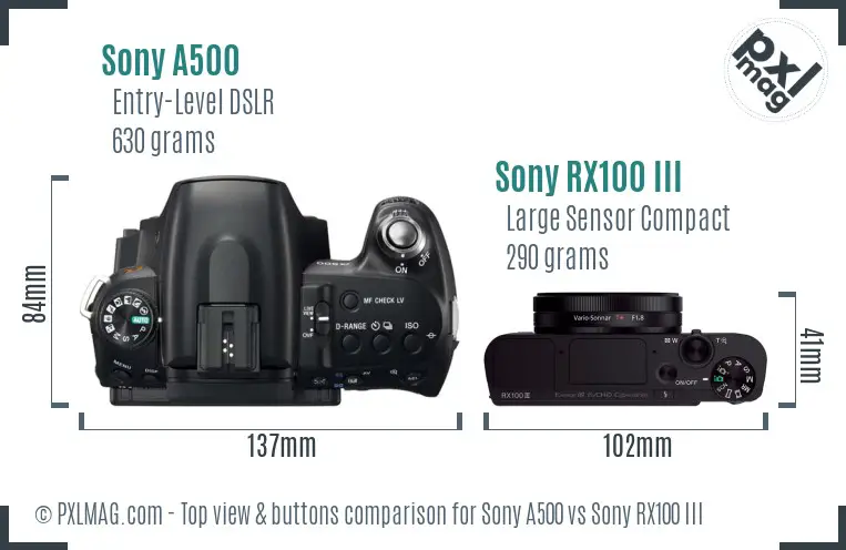 Sony A500 vs Sony RX100 III top view buttons comparison