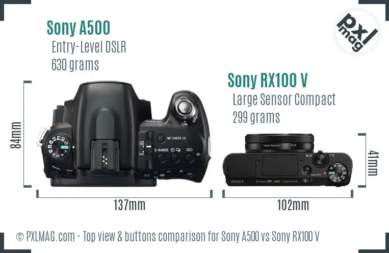 Sony A500 vs Sony RX100 V top view buttons comparison