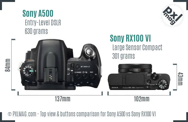 Sony A500 vs Sony RX100 VI top view buttons comparison