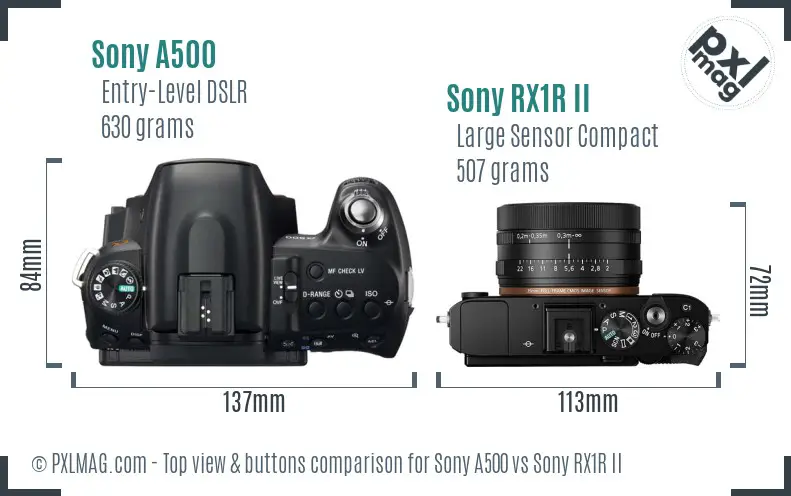 Sony A500 vs Sony RX1R II top view buttons comparison