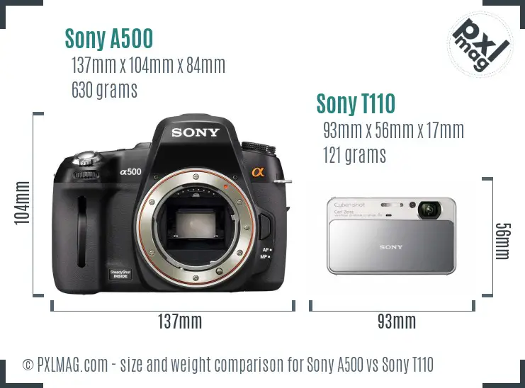 Sony A500 vs Sony T110 size comparison