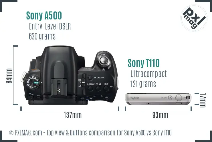 Sony A500 vs Sony T110 top view buttons comparison