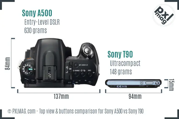 Sony A500 vs Sony T90 top view buttons comparison