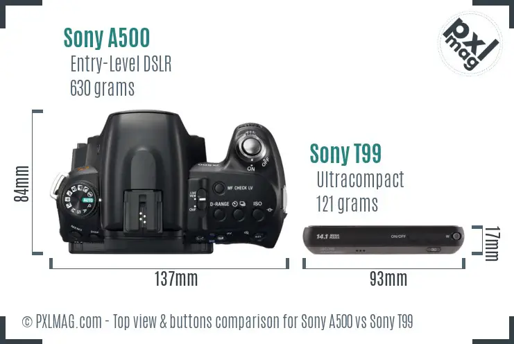 Sony A500 vs Sony T99 top view buttons comparison