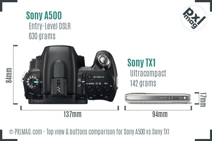 Sony A500 vs Sony TX1 top view buttons comparison