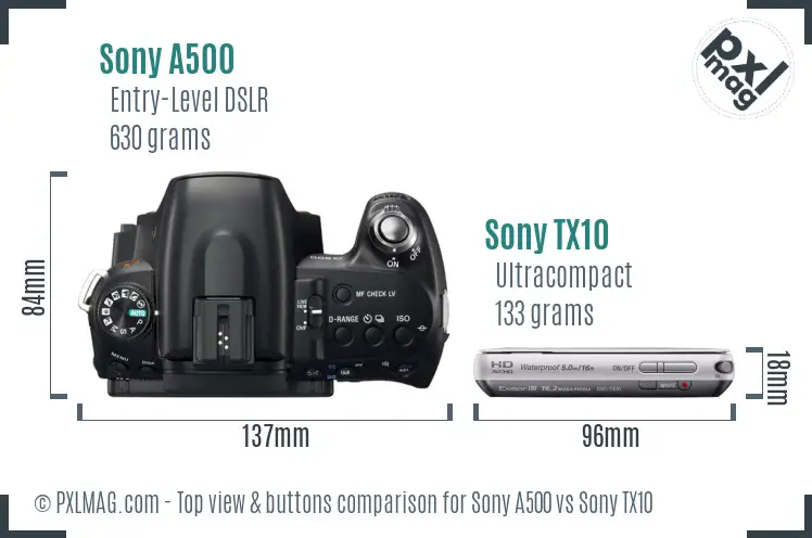 Sony A500 vs Sony TX10 top view buttons comparison