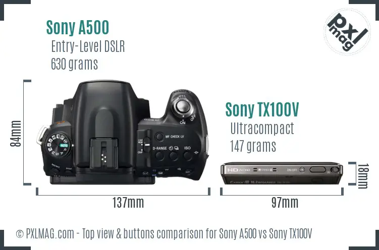 Sony A500 vs Sony TX100V top view buttons comparison