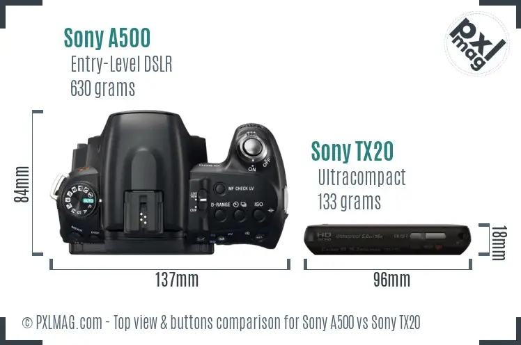 Sony A500 vs Sony TX20 top view buttons comparison