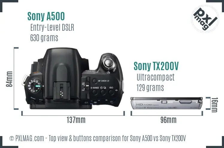 Sony A500 vs Sony TX200V top view buttons comparison