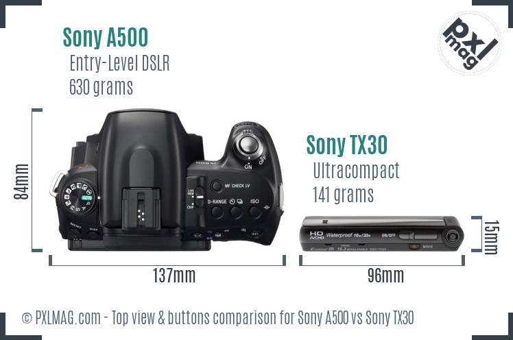 Sony A500 vs Sony TX30 top view buttons comparison