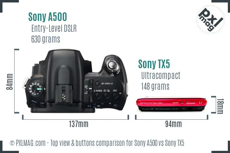 Sony A500 vs Sony TX5 top view buttons comparison