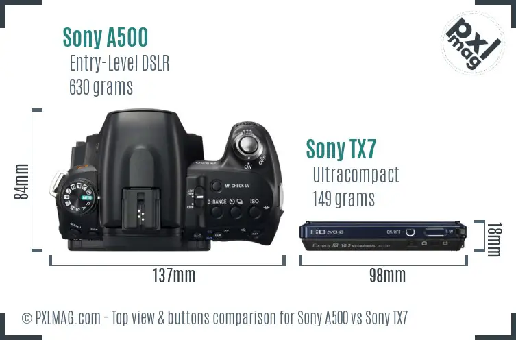 Sony A500 vs Sony TX7 top view buttons comparison