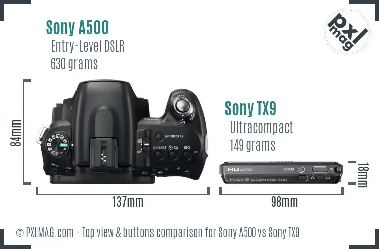 Sony A500 vs Sony TX9 top view buttons comparison