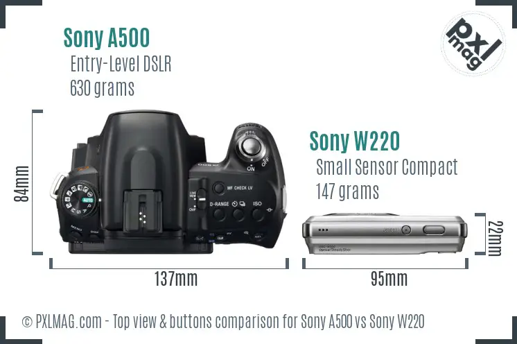 Sony A500 vs Sony W220 top view buttons comparison