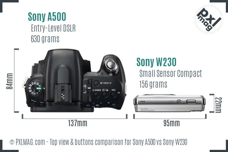 Sony A500 vs Sony W230 top view buttons comparison
