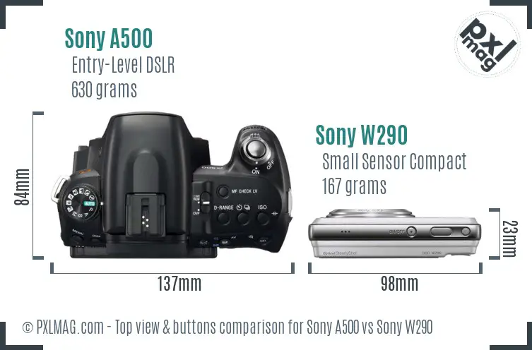 Sony A500 vs Sony W290 top view buttons comparison