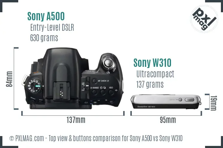 Sony A500 vs Sony W310 top view buttons comparison
