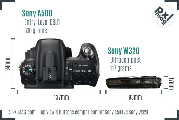 Sony A500 vs Sony W320 top view buttons comparison