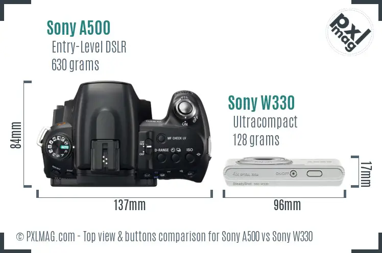 Sony A500 vs Sony W330 top view buttons comparison