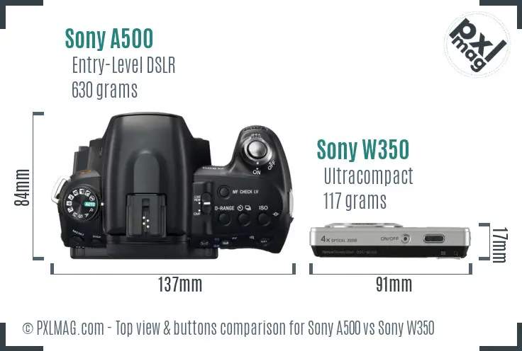 Sony A500 vs Sony W350 top view buttons comparison