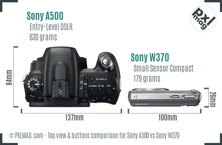 Sony A500 vs Sony W370 top view buttons comparison