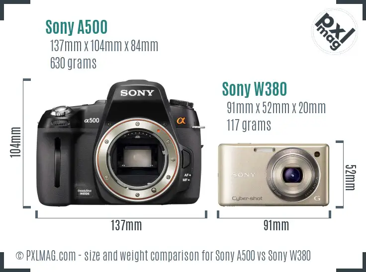 Sony A500 vs Sony W380 size comparison