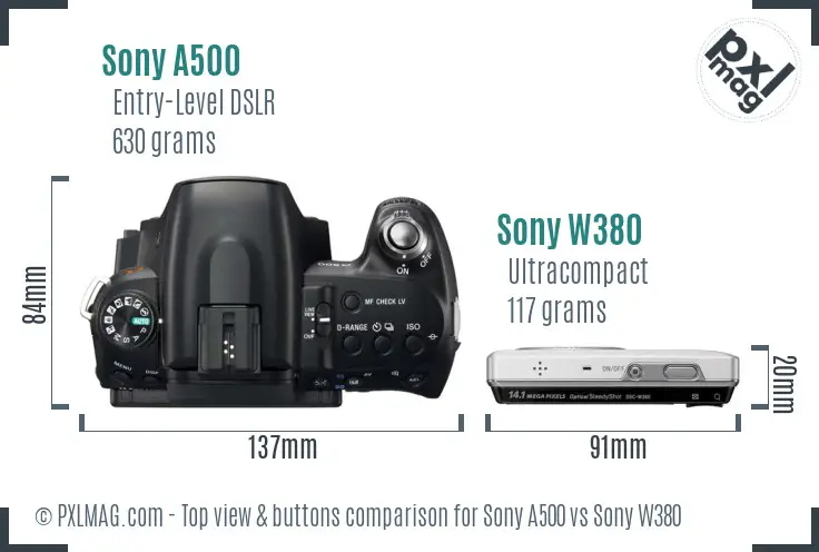 Sony A500 vs Sony W380 top view buttons comparison