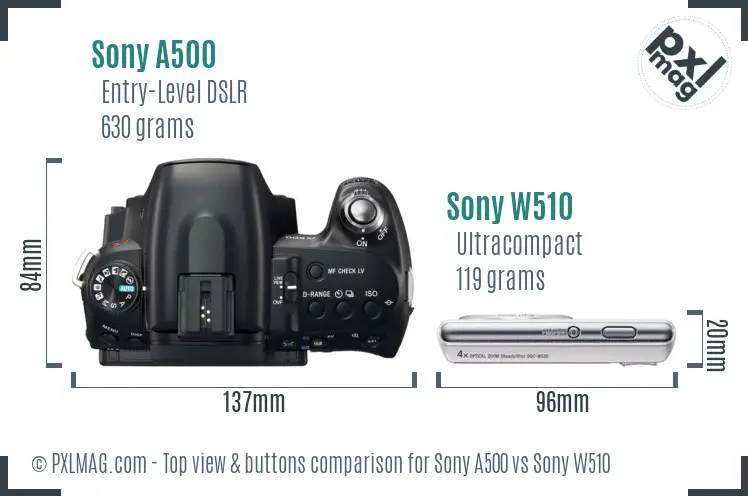 Sony A500 vs Sony W510 top view buttons comparison