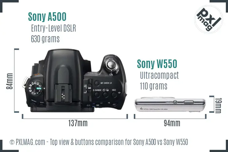 Sony A500 vs Sony W550 top view buttons comparison