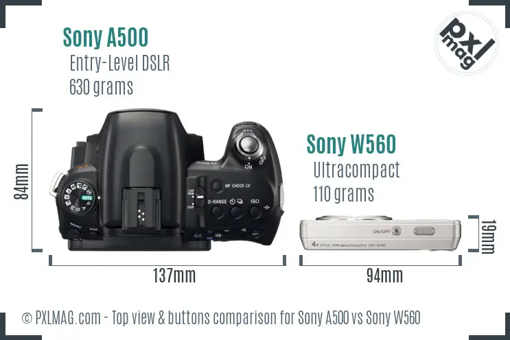 Sony A500 vs Sony W560 top view buttons comparison