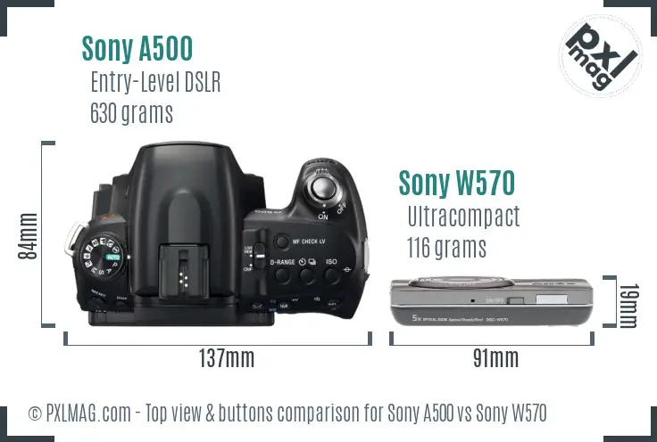 Sony A500 vs Sony W570 top view buttons comparison