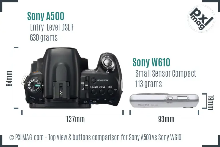 Sony A500 vs Sony W610 top view buttons comparison