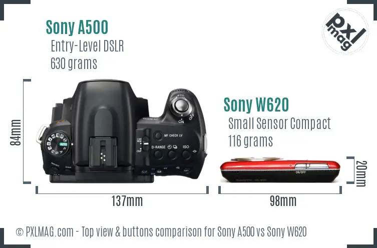 Sony A500 vs Sony W620 top view buttons comparison