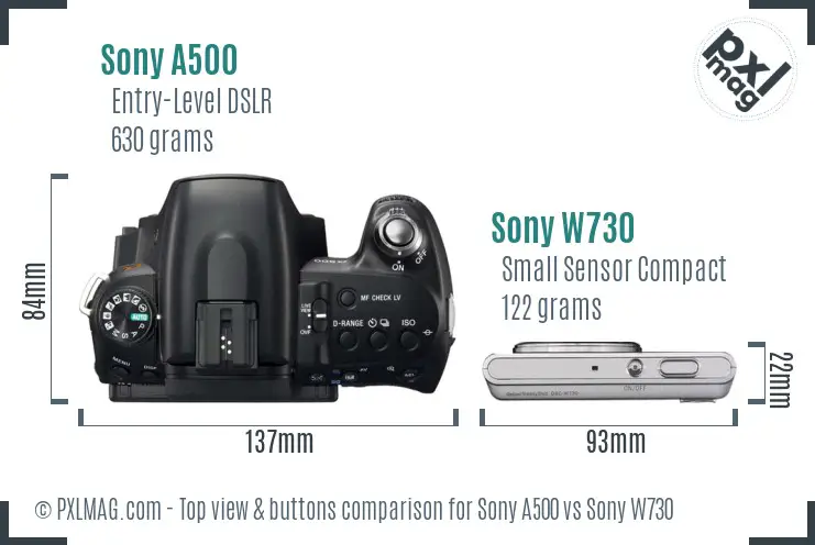Sony A500 vs Sony W730 top view buttons comparison