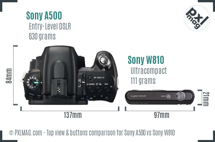 Sony A500 vs Sony W810 top view buttons comparison