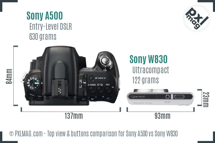 Sony A500 vs Sony W830 top view buttons comparison