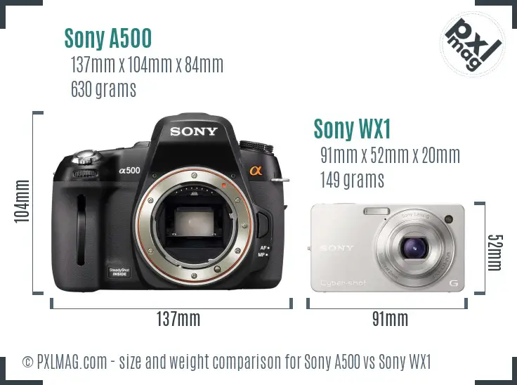 Sony A500 vs Sony WX1 size comparison