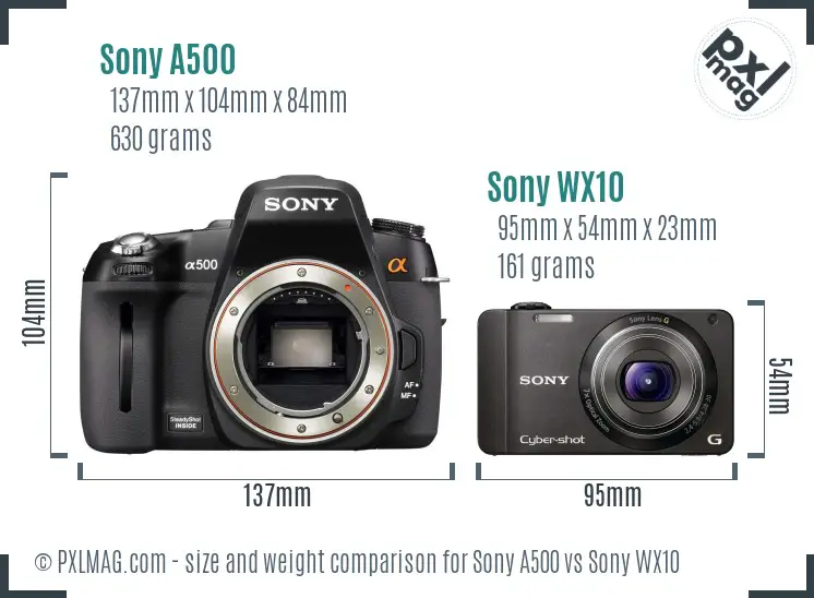 Sony A500 vs Sony WX10 size comparison