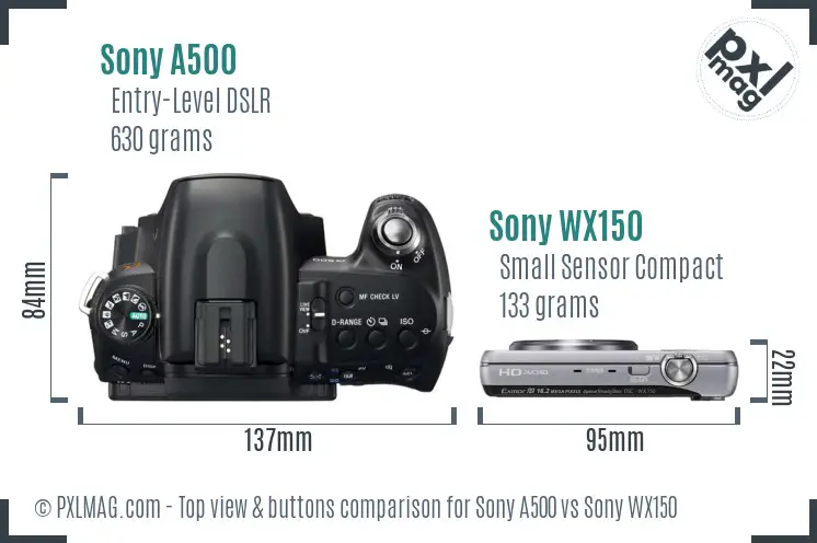 Sony A500 vs Sony WX150 top view buttons comparison