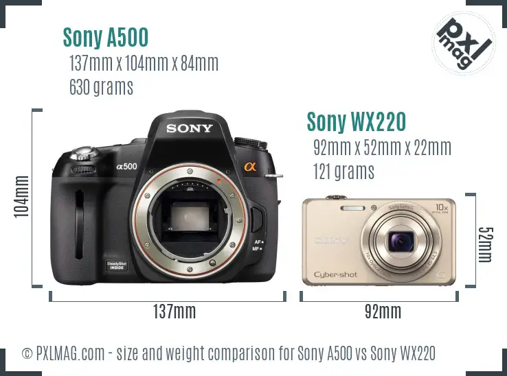 Sony A500 vs Sony WX220 size comparison