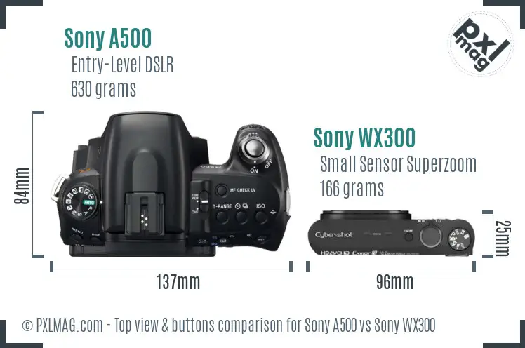 Sony A500 vs Sony WX300 top view buttons comparison