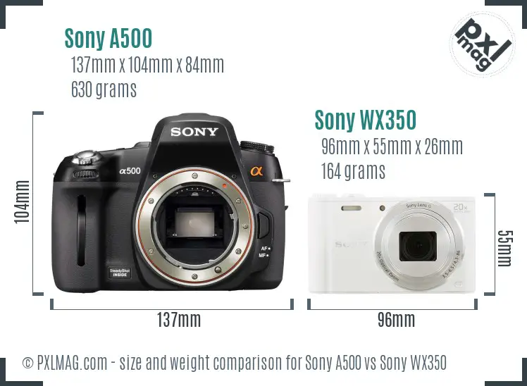 Sony A500 vs Sony WX350 size comparison