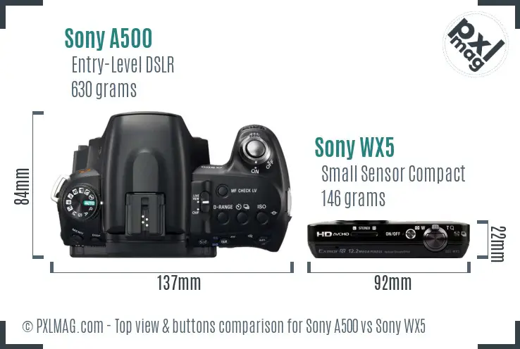 Sony A500 vs Sony WX5 top view buttons comparison