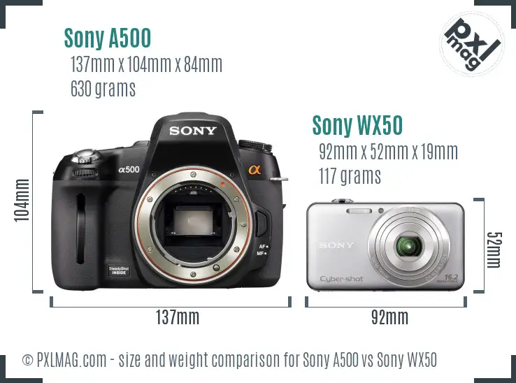 Sony A500 vs Sony WX50 size comparison